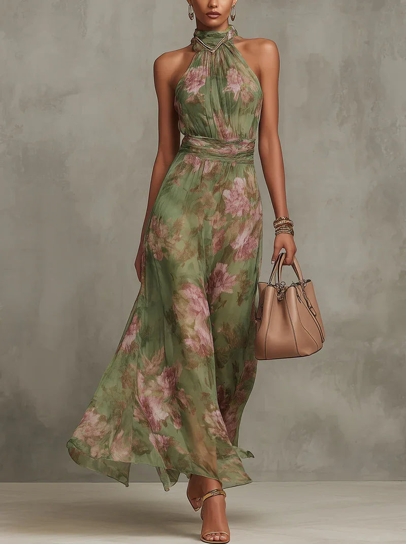 Livia - Elegantné kvetinové maxi šaty s halter výstrihom