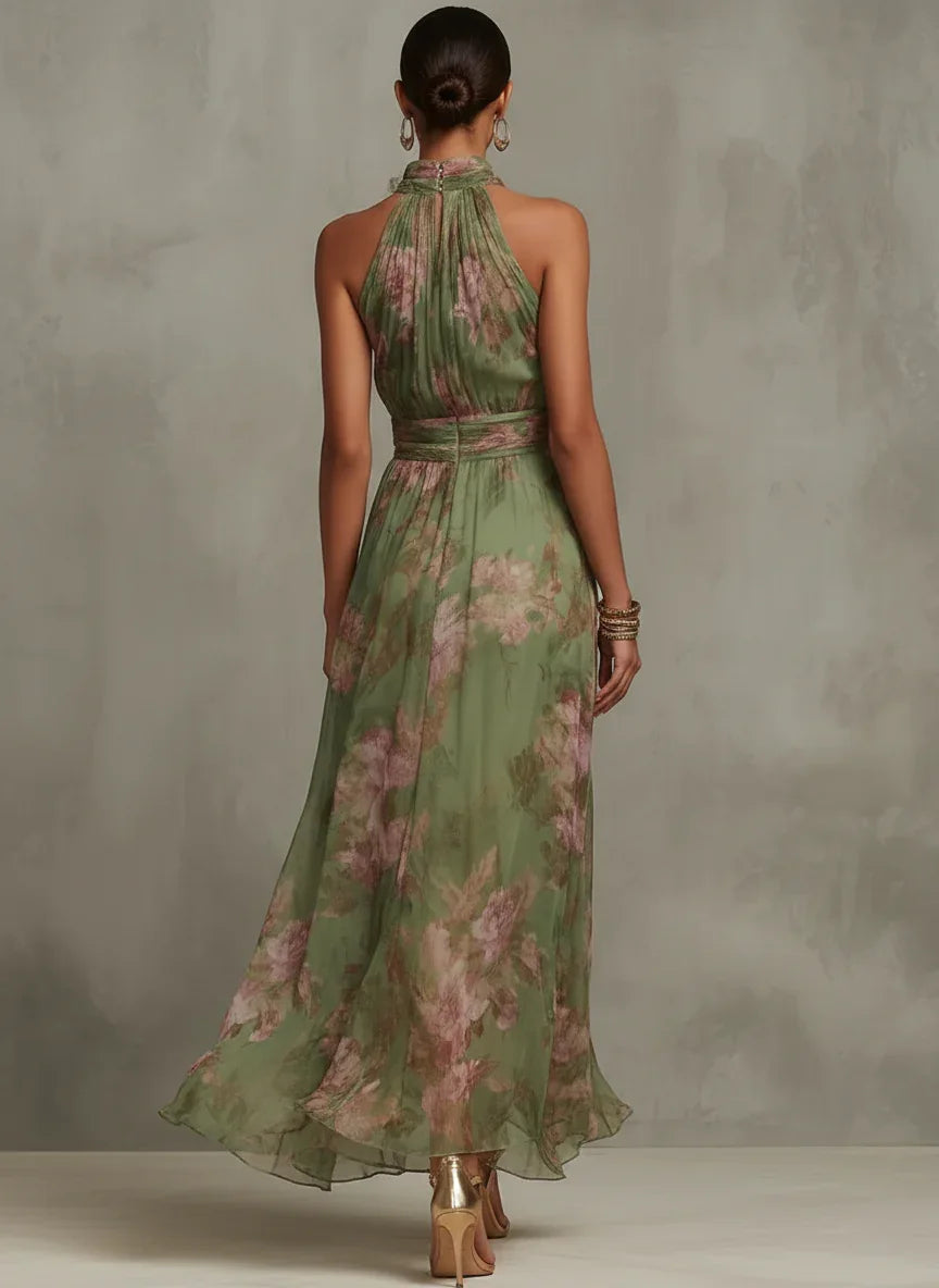 Livia - Elegantné kvetinové maxi šaty s halter výstrihom