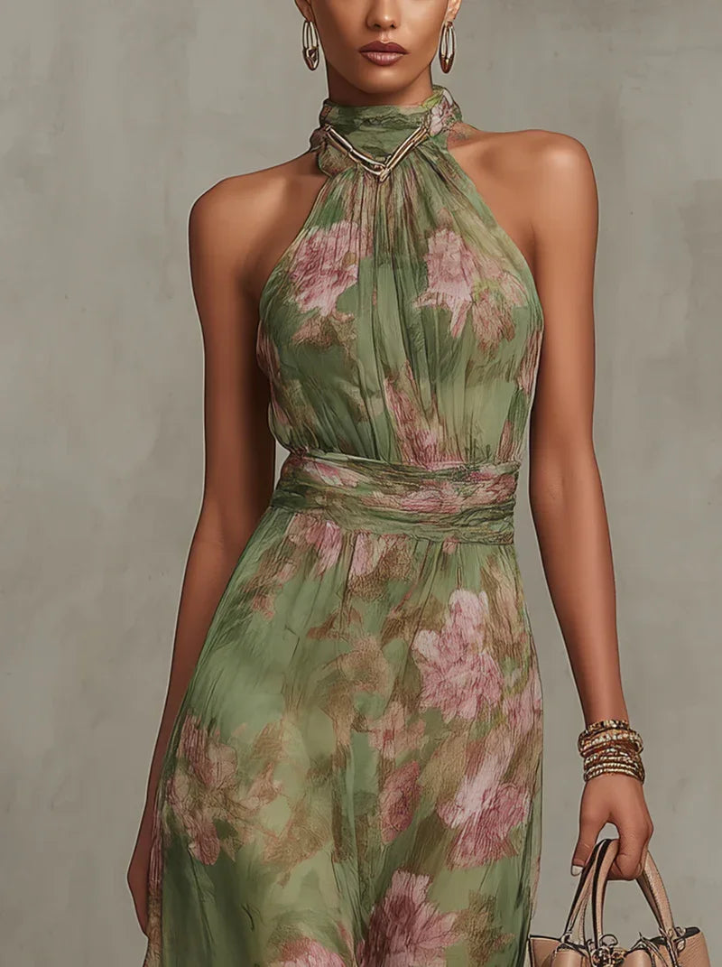 Livia - Elegantné kvetinové maxi šaty s halter výstrihom